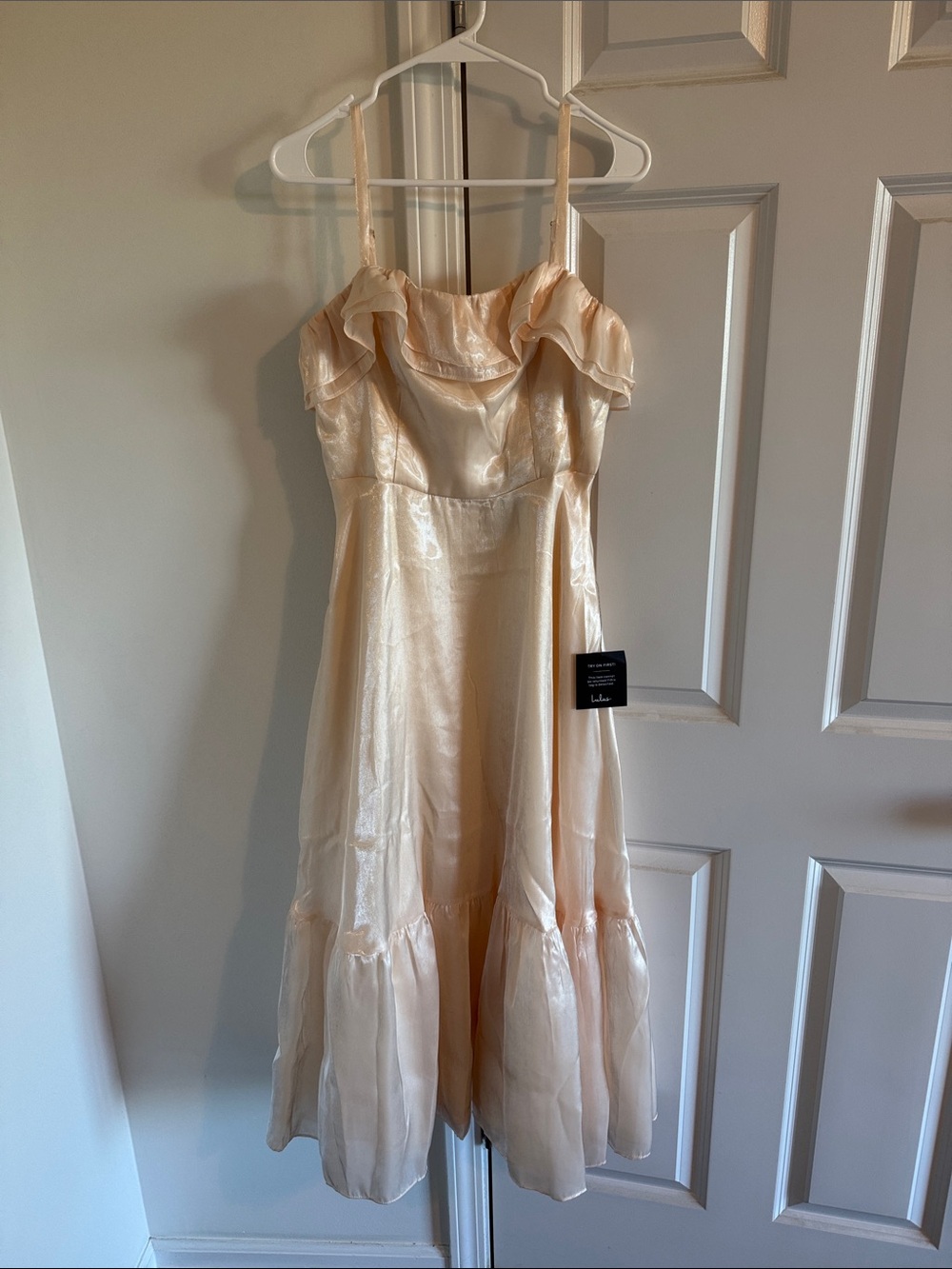 Lulu's Cream Ruffled Satin Midi Dress